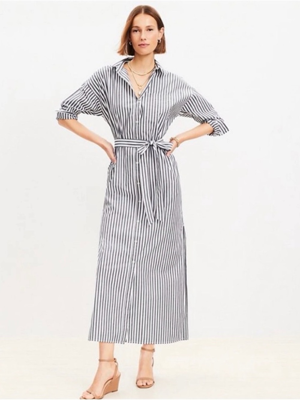 LOFT Grey and White Vertical Stripe Long Sleeve Maxi Shirt Dress